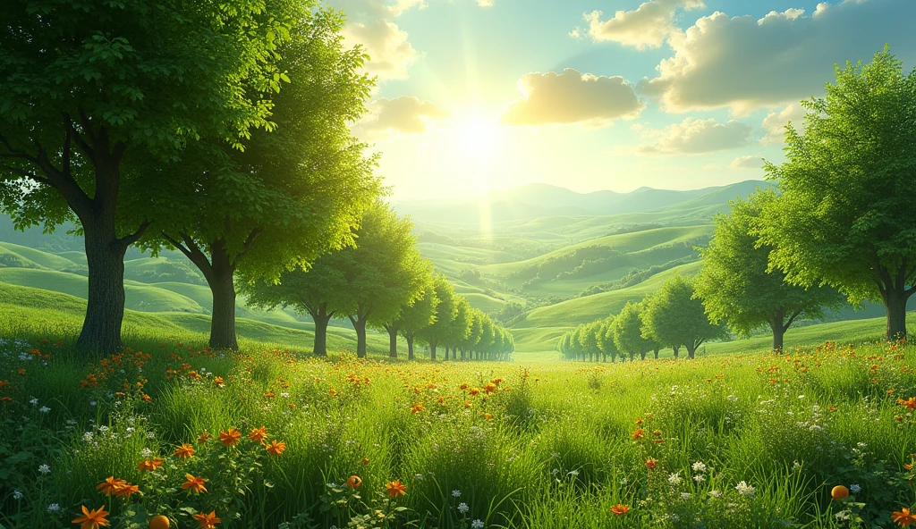 Image of green fields and fruit trees,Represents vegetation created by God.