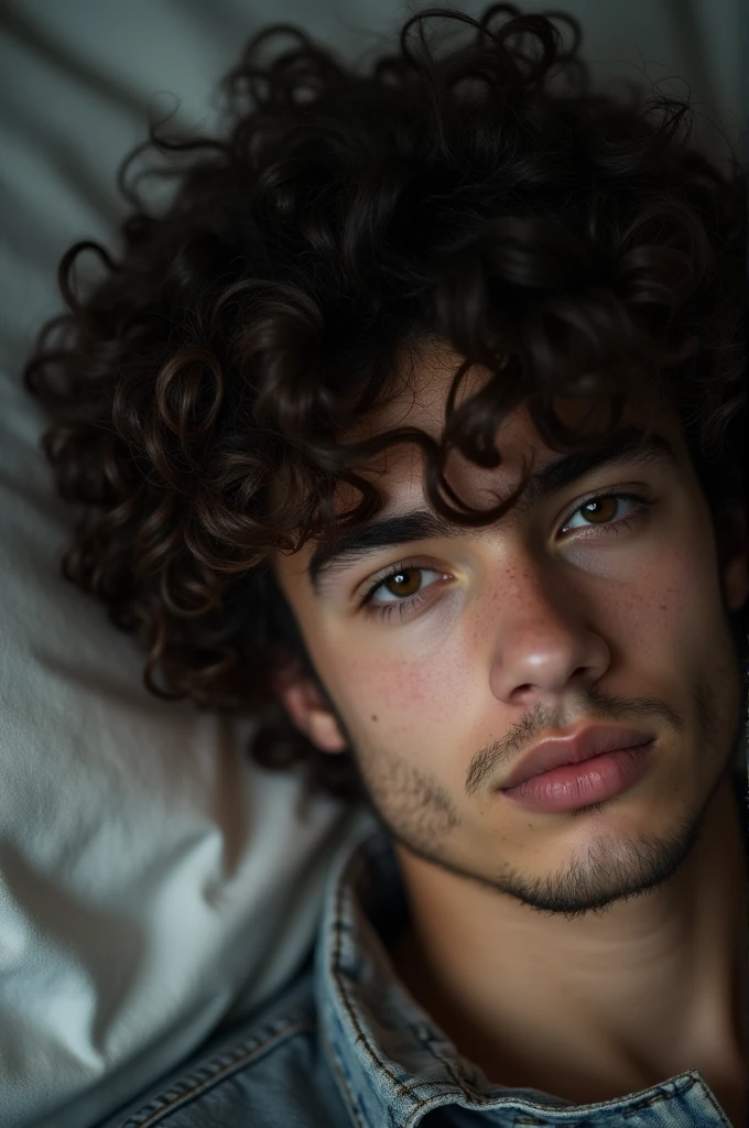 Photo of a handsome curly-haired teenager showing only half of his face lying down 