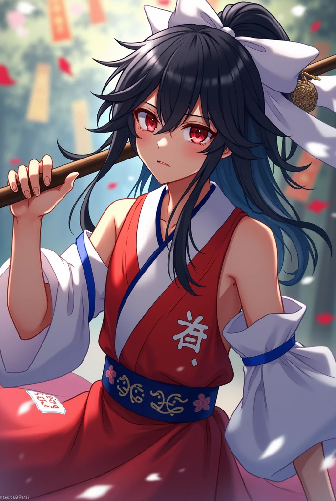 anime boy, long hair, Dark red eyes, black hair, wears large whithe blue ribbon in hair, often carries a rod (gohei) with many paper seals attached in streamers. Wears a red and white dress remotely similar to a shrine maiden's outfit with detached sleeves leaving her shoulders uncovered, and a White blue neckerchief
