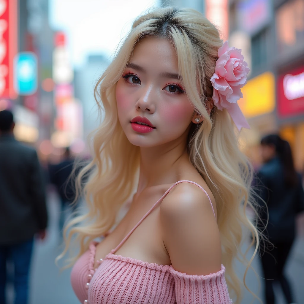 (Cowboy Shot、Highest quality、8k、Award-winning works、Ultra-high resolution)、One beautiful woman、(Knitted dress)、(blonde:1.1)、Bright color contacts、Perfect Makeup、Bright and shiny lipstick、(Very heavy makeup:1.2)、(Deep pink around the eyes:1.1)、Beautiful bright eyeshadow、Heavy makeup around the eyes、(Huge breasts:1.2)、(Romantic affection:1.ur confused expression when you look at me、(Many of them emphasize the body line..:1.1)、(Strongly blurred vibrant Harajuku city background:1.1)、(Strongly blurred background:1.1)、Accurate anatomy、Ultra HD Hair、(Ultra-high resolutionの完璧な美しい歯:1.1)、Ultra-high definition beauty face、Ultra HD Hair、Ultra HD Shining Eyes、輝くUltra-high resolutionの美肌、Ultra-high resolutionの艶やかな唇Shortcuts, Twice the size, Large Breasts, blush, Please open your mouth a little, Slanted Eyes, Shortcuts,