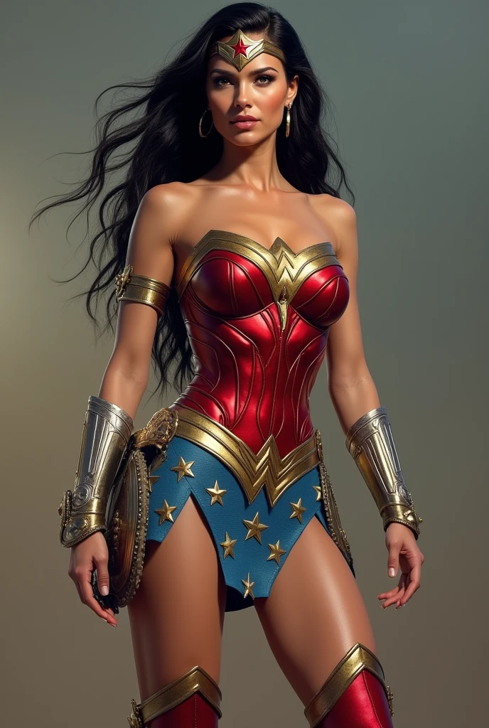 Adriana Lima under the mantle of the Amazon warrior Wonder Woman long black hair (((Red corset costume and light blue leggings with stars))),(((Red boots))),(((Diaema Wonder Woman on her forehead))),(((Long gold bracelets)))