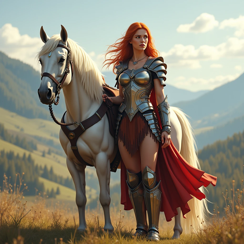Red Sonja, mulher guerreira, cabelos longos, ruivos, olhos selvagens, voluptuosa, athletic, usando uma cota de malha prateada cobrindo os seios, tanga curta feita de pele animal, botas de couro bordado envelhecido, suando,entering a Hirkanian town astride a white-maned brown horse, a sua volta sendo observada pelos habitantes curiosos. film composition photography, Very detailed, extremely high-resolution, cor profissional, luz maravilhosa, luz do dia, 300k resolution, altamente realista, muitos detalhes.