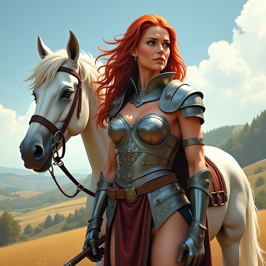 Portrait of a red-haired naked warrior woman standing in front of her white horse, fully naked, photo-realistic, post-apocalypse., show her boobs nude:1.2, show her pussy:1.2, spread legs