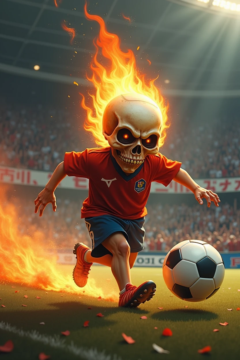 A captivating illustration of a small, angry flaming skull of short stature, showcasing exceptional speed as it plays soccer. The skull,adorned with a tiny jersey and soccer cleats, is on fire, leaving a trail of smoke behind. The background reveals a soccer field,The crowd cheers in the stands, as the skull skillfully navigates through the field. In the background is a sexy girl, dark fantasy
