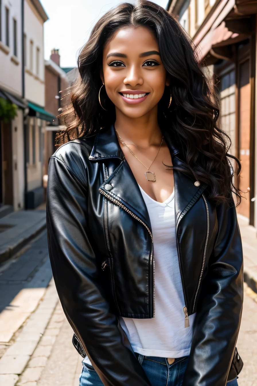Highest quality, masterpiece, Ultra-high resolution, Beautiful Black Woman、smile、Beautiful teeth alignment、、Wavy Hair、leather jacket、shirt、Ear piercing、necklace、The background is a town street. Under preparation. Under preparation.