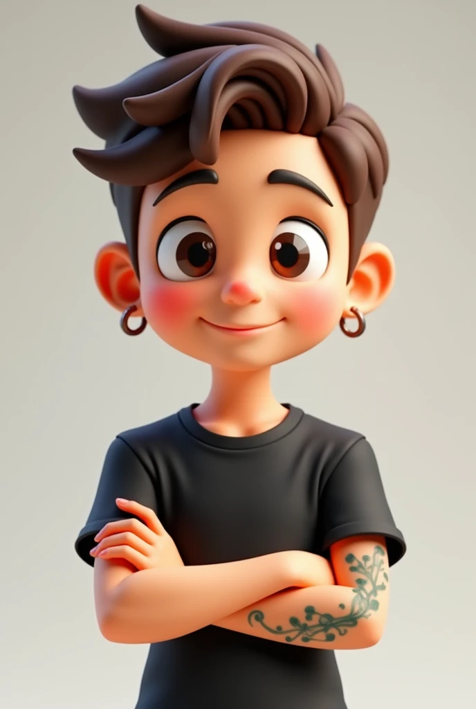 A young man, Child boy, with short brown hair, small hoop earrings, square face, and brown eyes, wearing a black t-shirt collar, one arm closed with a tattoo, crossed arms, 3d cartoon, looking straight ahead.