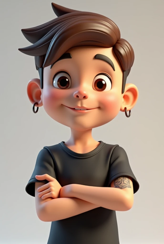 A young man, Child boy, with short brown hair, small hoop earrings, square face, and brown eyes, wearing a black t-shirt collar, one arm closed with a tattoo, crossed arms, 3d cartoon, looking straight ahead.