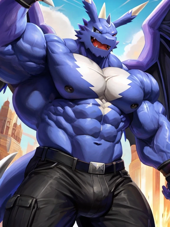 Digital Monsters,Digimon,Exbuimon,Big cock,semen,muscle,body is blue,A black X pattern in the center of the chest.,Black pants