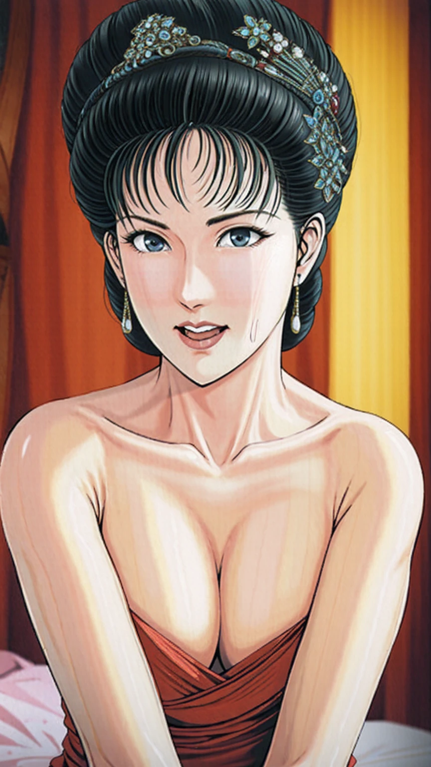 (best quality), (very aesthetic), (ultra-detailed), (best illustration),(a mature female),(perfect face),Suikoden,Mrs. Lin,(((NSFW))),(((full_NUDE))),screaming,open her mouth,red cheek,sweating,skinny,flushed skin,night、A woman lying in bed next to me in a dimly lit room, Lying on her cheek, Look at me,She is completely naked and wrapped in a blanket.,Upper Body Shot,Looking Camera,traditional Chinese bedroom,