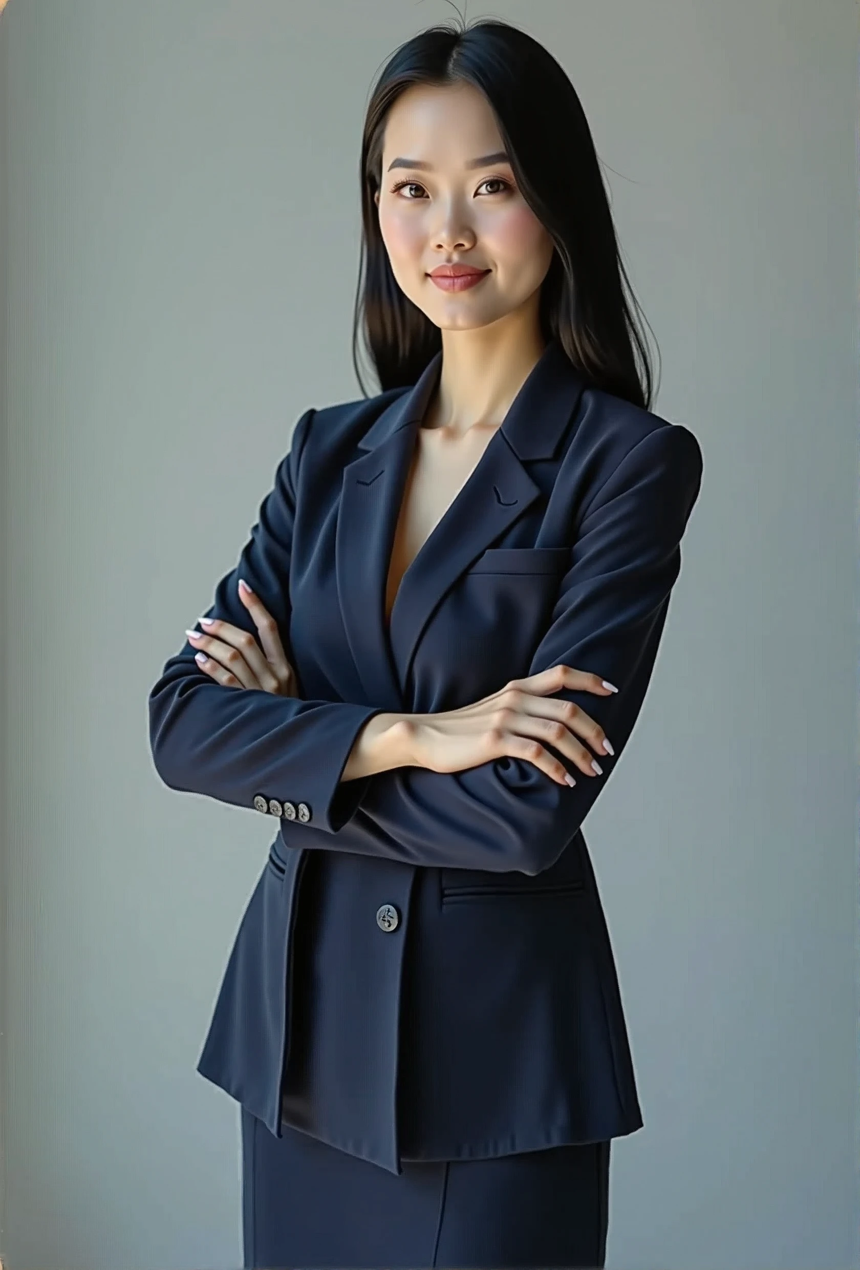 Professional image of a 25-year-old working woman, Wear a navy blue business casual suit and hip wrap skirt, Professional profile photo, posing with crossed arms, professional picture, professional profile picture, photograph of a woman, Business woman, lecturer, Black hair, Slim body, 8K high-definition