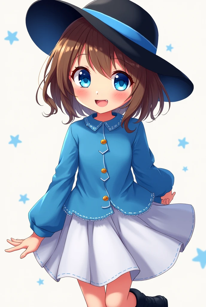Female, Anime, Teen, Short brown-haired, Faired skin, Blue eyes, Black hat with a singular blue stripe, Blue long-sleeved shirt, White skirt, Black boots