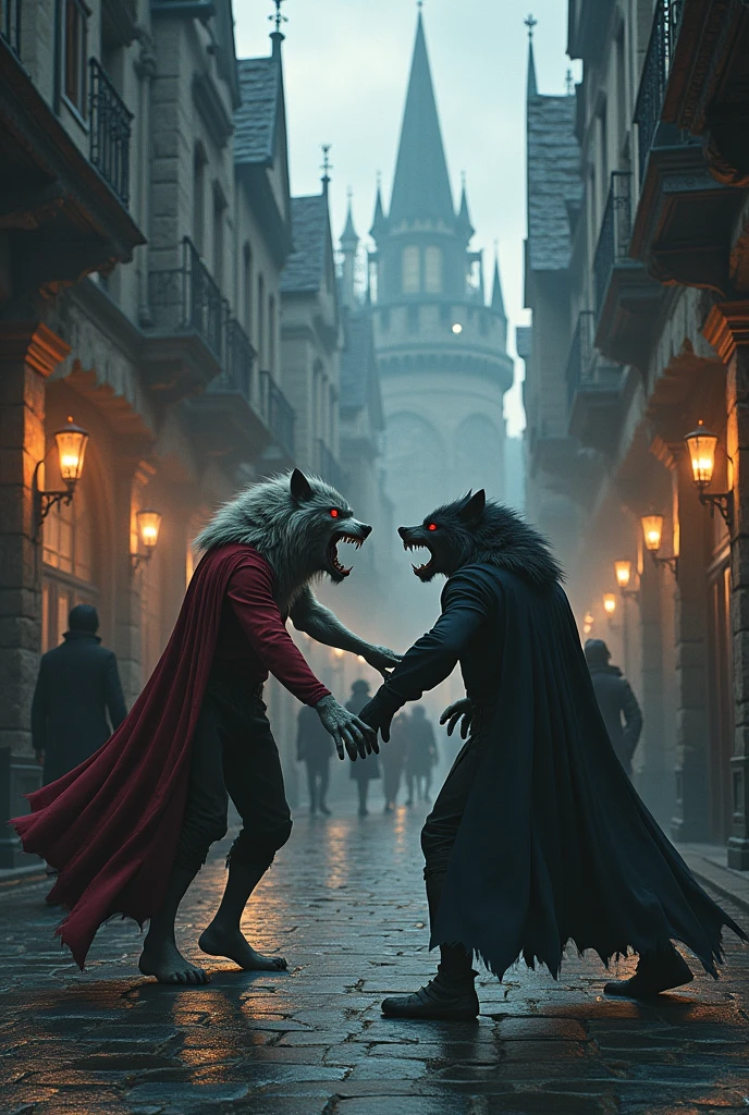 Werewolves vs vampires in a medieval city