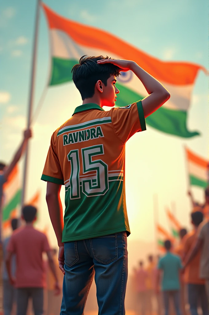 1. A 18 years old boy salutes the national flag of Bharat and he is wearing a shirt print is like Bharat flag and “Ravindra” and 15 number and republic day in small written on it’s back in big and bold fonts, 3d illustration
