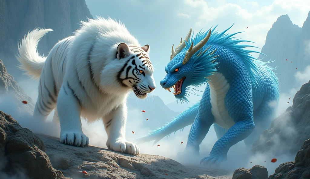 Ultra detailed, high resolution, 4k, masterpiece, The white tiger of the west Bai Hu in a close melee combat with the azure dragon of the east Seiryu, the dragon is a Chinese dragon and has 4 legs and a long serpentine body, Chinese mountains background,