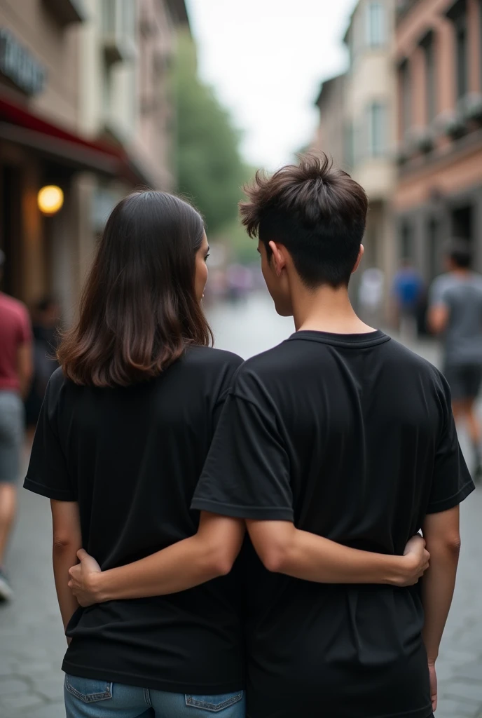A photo of a young couple wearing black and white t-shirts and facing away from the camera., In town