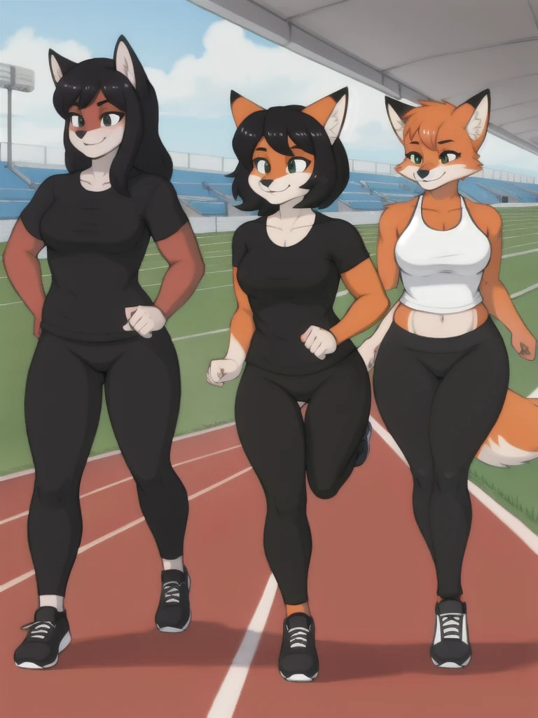 Furry, fox, female, black shirt, black leggings, shoes, running track, friends, full body