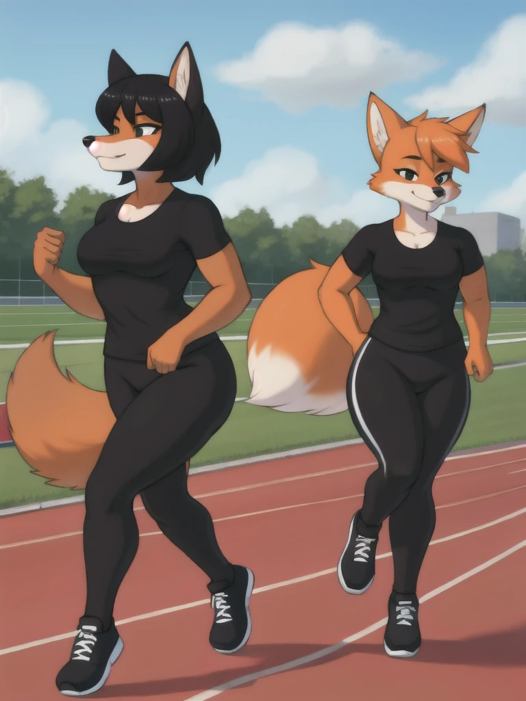 Furry, fox, female, black shirt, black leggings, shoes, running track, friends, full body