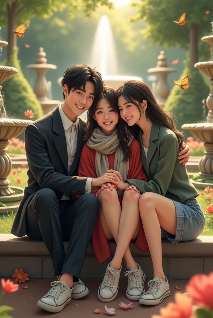 Full Body) An Asian male couple with a medium mavy mullet haircut wearing a suit and an Asian female with long hair, dressed in short jeans, pashmina, sneakers) they are sitting, hugging, smiling, their faces are focused on the front of the camera. in the garden with fountains and flowers, butterflies flutter in the wind, capturing romance with soft and romantic light reflections that look natural. 35k full HD resolution., photo
