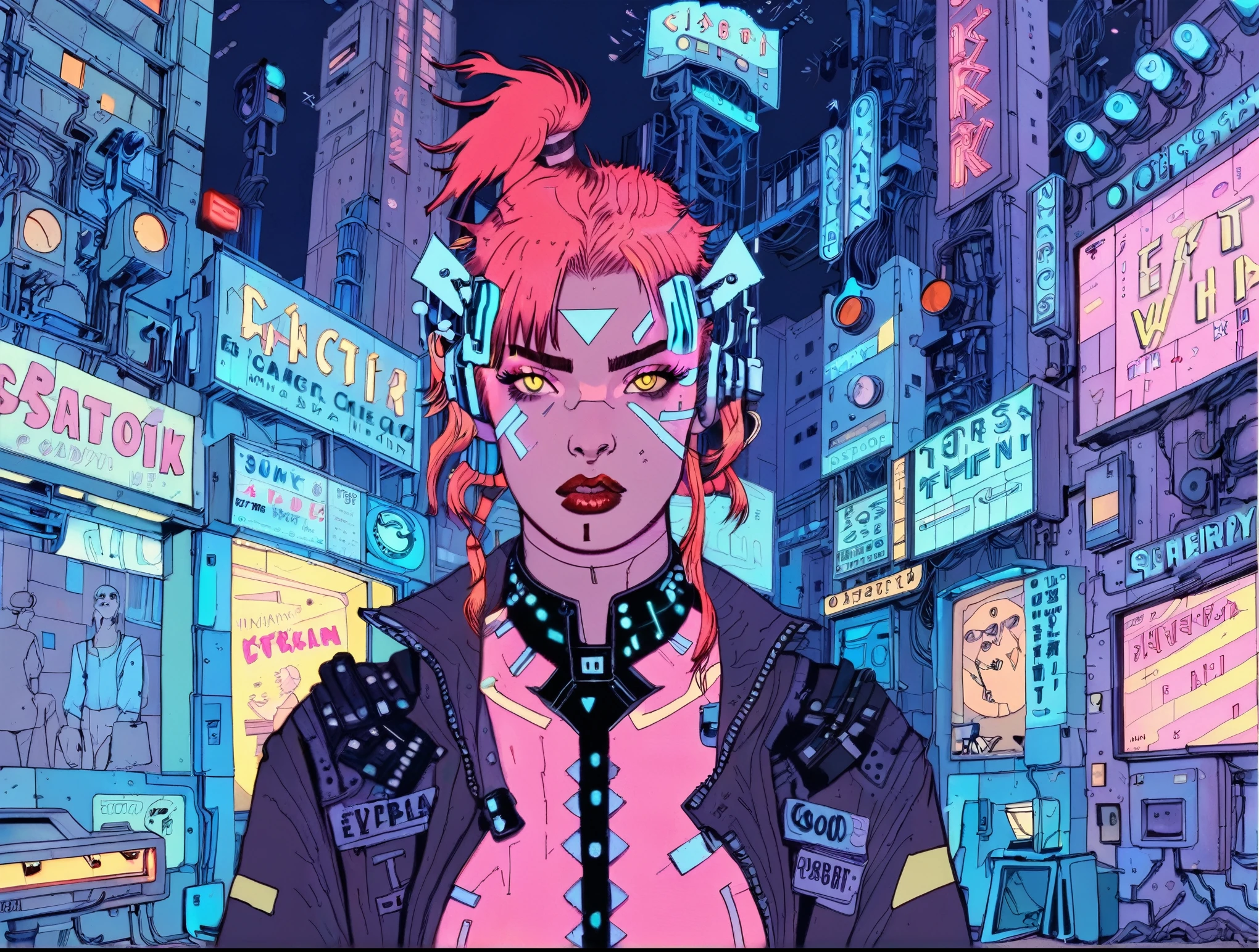 (a girl with a beautiful face), night time, cyber punk city, tenebrosa, raining, neon lights , (Josan González ,Neon Night), cyber punk, synthetic wave, 1980s, Futurism, brutalism, Neuromancer, cinematic photo at a rave, detailed hair, really short hair, Red hair,analog, the contrast in colors and textures should be distinct highy detailed, surreal, vibrant yet slightly desaturated, faded film, desaturated, 35mm photo, grainy, vignette, vintage, Kodacromo, Lomography, dappled, highy detailed, found footage,art by Adrian Tomine