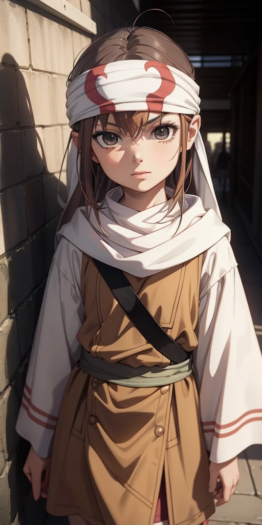 beautiful child standing next to wall 6year old bandana on forehead portrait (child) face cute very cute child  (misaka mikoto)  (love) (happy)