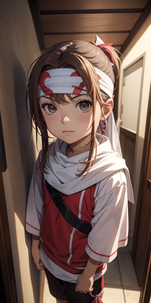 beautiful child standing next to wall 6year old bandana on forehead portrait (child) face cute very cute child (misaka mikoto) (love) (happy)