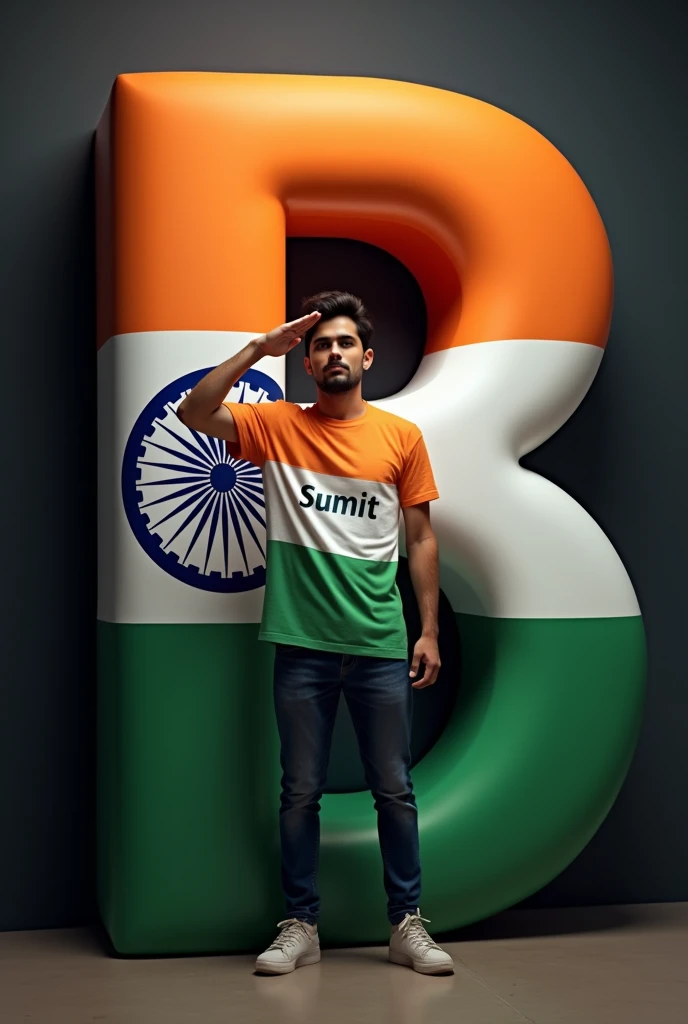 a real Indian wearing a trigle colour dress with Text "Sumit" written on tshirt,he standing near a 3d big Letter "B" is decorated by indian flag with dark background 32k ultra quality image, and he salute