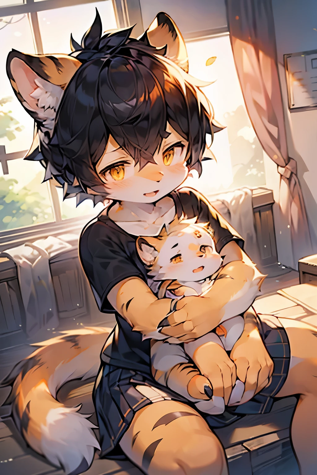 Tiger Girl,Furry girls,Female characteristics,Black hair,Black pattern,Orange Skin,Short sleeve,Short skirt