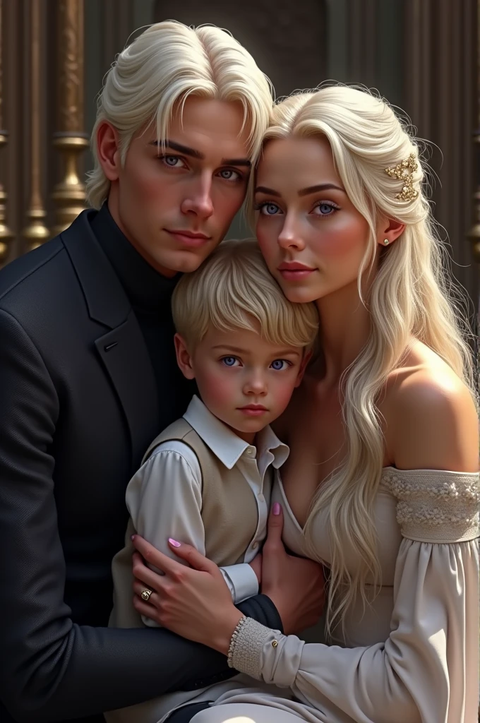 Daemon Targaryen ( with violet eyes and platinum blonde hair), a beautiful young girl ( with platinum blonde hair and purple eyes) both kneeling and hugging their son, a sweet 9-year-old boy (with platinum blonde hair with golden highlights and violet eyes) 