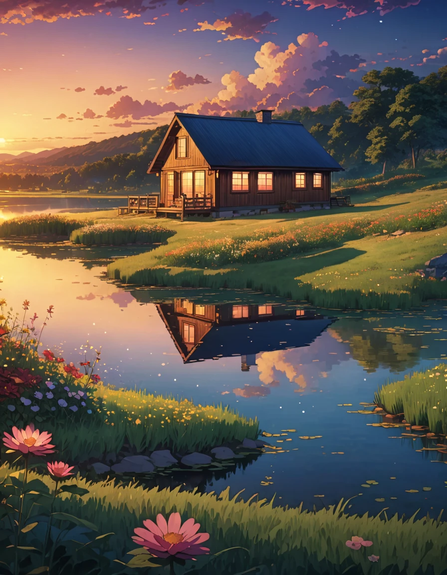 a painting of a cabin in a field, meadow hill lake vast serene sky twilight illumination!!!! anime art wallpaper 4k, Highly detailed 4k digital art