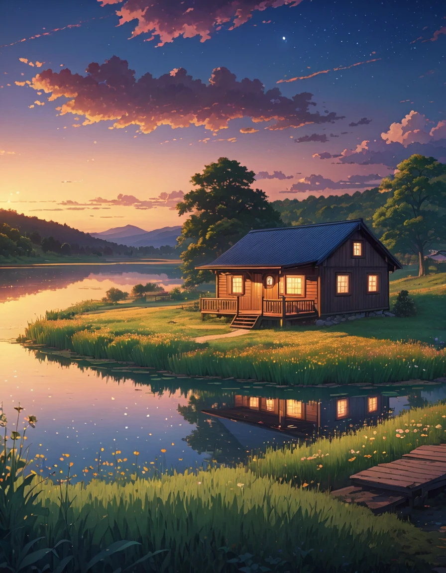 a painting of a cabin in a field, meadow hill lake vast serene sky twilight illumination!!!! anime art wallpaper 4k, Highly detailed 4k digital art