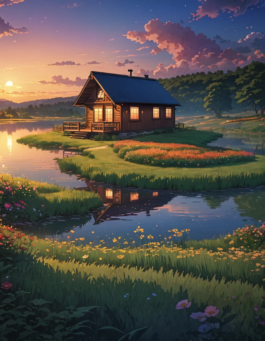 a painting of a cabin in a field, meadow hill lake vast serene sky twilight illumination!!!! anime art wallpaper 4k, Highly detailed 4k digital art