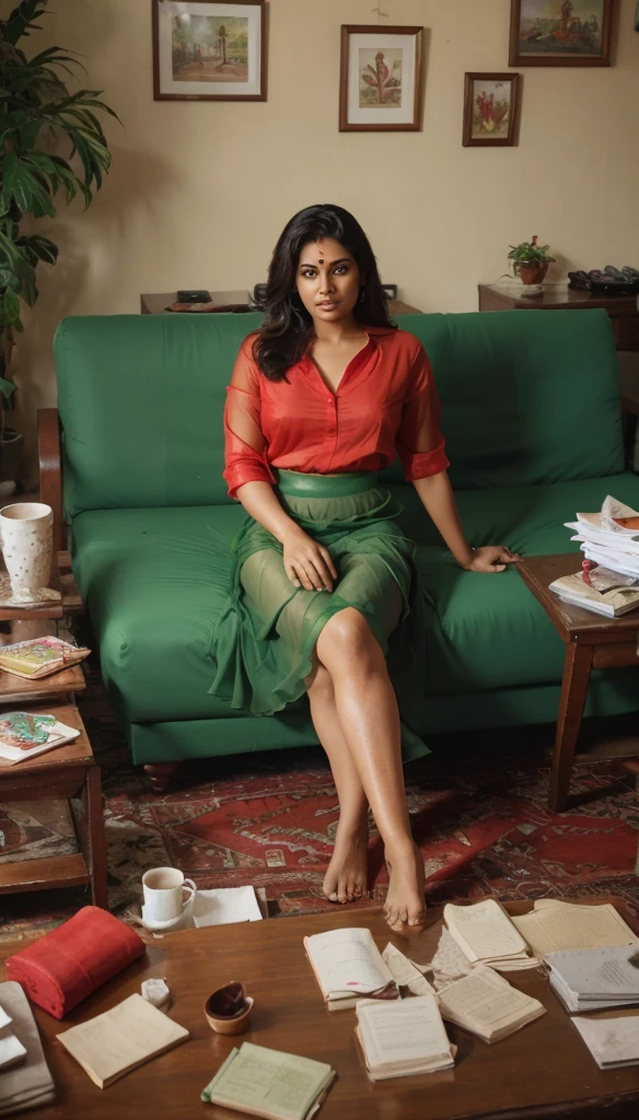South Indian women, wearing green colour chiffon shiny skirt and red chiffon shirt