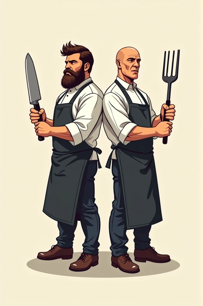 A logo, writing "leading the roast", with the image of two chefs, with their backs against each other, one with a beard and brown hair and another beardless and bald, the bald one a little taller, one with a knife in hand and the other with a barbecue fork,