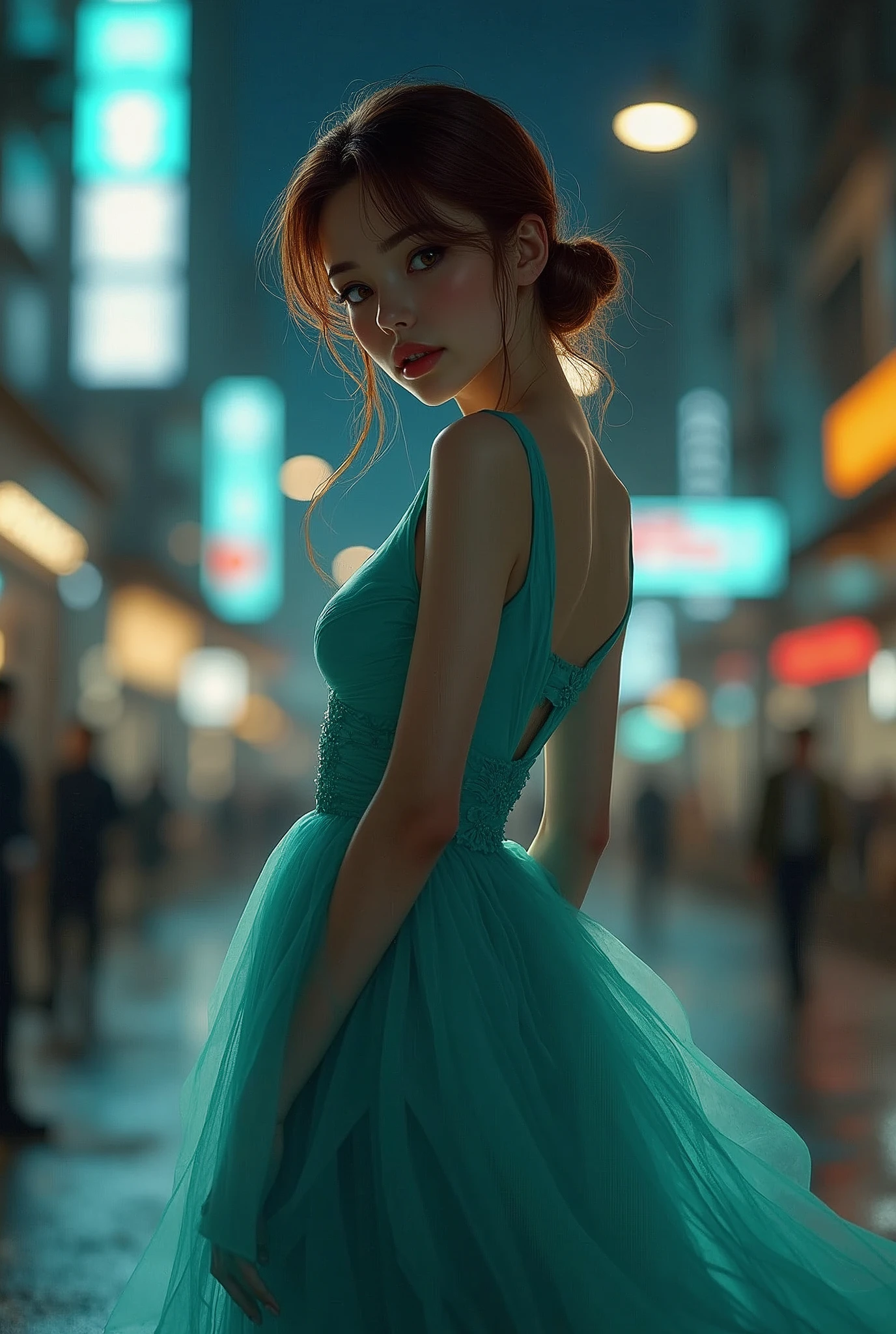 (best qualityer, 8k, work of art: 1.3), Focus Clear: 1.2, Beauthfull: 1.4, abdomen: 1.1, chestnut hair, aqua dress: 1.4, Night outdoors: 1.1, City streets, thin face and eyes, Double eyelids. Realistic lighting added, pay attention to adjust the proportions.