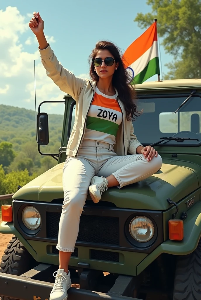 Create an Real image featuring a young women
sitting on the hood of army truck, with Indian's scenic background. He's holding a flag celebrating Indian 15th August. The women wears a tirnga T-shirt with 'Zoya' printed on it, white jacket, white pants, white shoes and sunglasses."