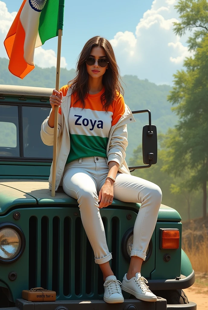 Create an Real image featuring a young women
sitting on the hood of army truck, with Indian's scenic background. He's holding a flag celebrating Indian 15th August. The women wears a tirnga T-shirt with 'Zoya' printed on it, white jacket, white pants, white shoes and sunglasses."
