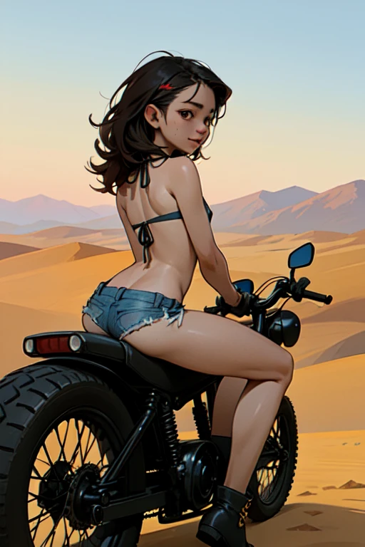 (masterpiece, Highest quality, Highest quality),One small young girl，Baby Face， alone，Very short stature，Flat Chest，Thin limbs，smile，View your viewers, Background modified motorcycle，boots，Gas station in the desert, Thin lips, From behind, ((Woman from Texas)) Long Curly Hair, Fingerless gloves, (Bikini top and jean shorts), Sitting on a bike, (From behind), (live-action, Intricate details, Depth of written boundary), Very detailed，Semi-realistic, 11 years old，Short Hair，(goggles)，whole body，