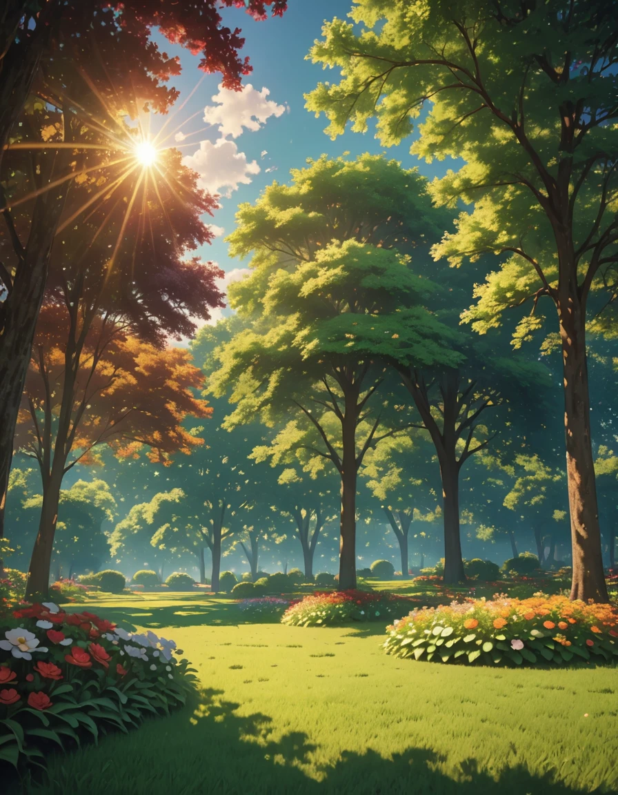 Soft white clouds floating in the blue sky，warm colors reflecting the sun，Above the garden is a lush green lawn., The scene is peaceful., colorful flowers,Sunlight shines through the dense tree canopy., Projecting warm natural heat, buzzer, reality, high quality images, 8k, High detail, Perfect precision, perfect composition, Elegant and charming, Realistic style, warm colors, soft shadows, sharp details , high definition quality , Highest lighting style
