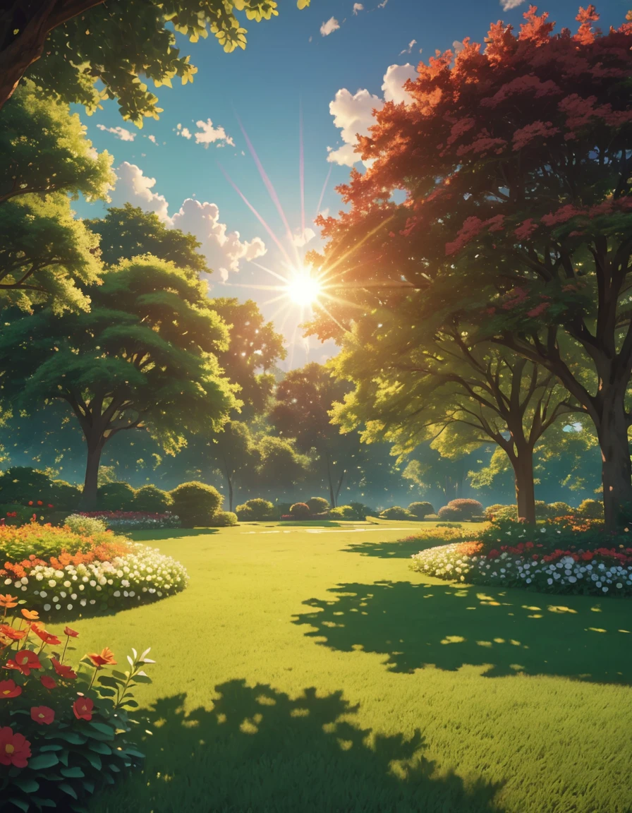 Soft white clouds floating in the blue sky，warm colors reflecting the sun，Above the garden is a lush green lawn., The scene is peaceful., colorful flowers,Sunlight shines through the dense tree canopy., Projecting warm natural heat, buzzer, reality, high quality images, 8k, High detail, Perfect precision, perfect composition, Elegant and charming, Realistic style, warm colors, soft shadows, sharp details , high definition quality , Highest lighting style
