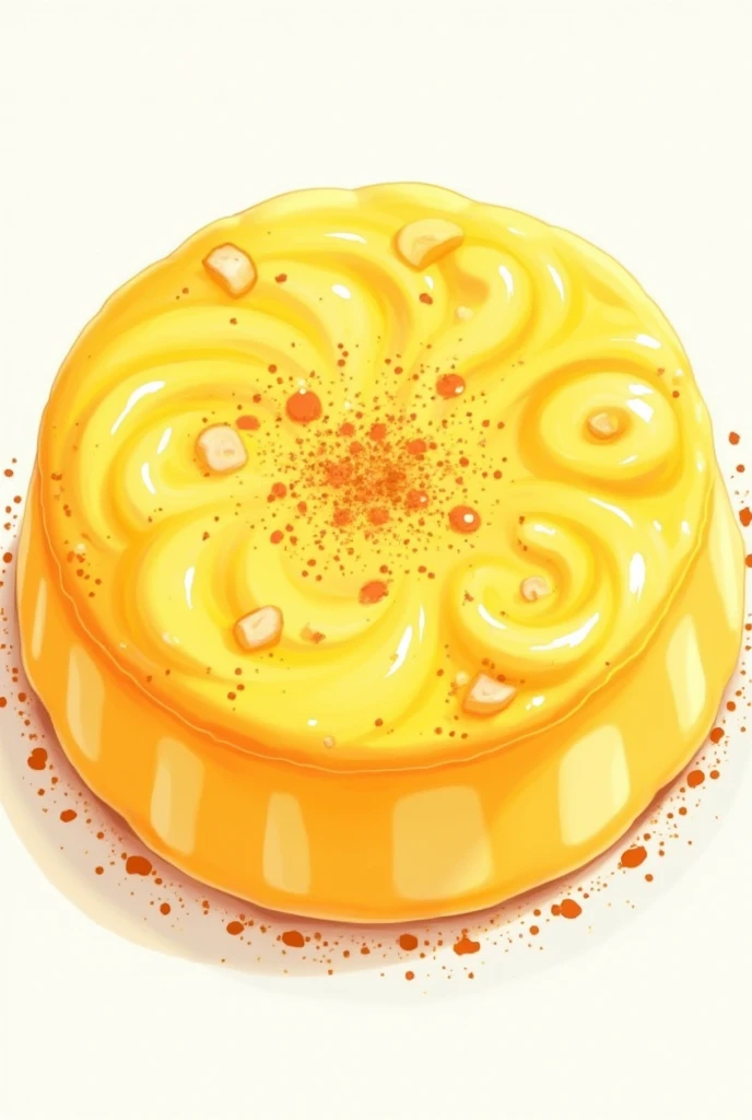 A corn pudding with cinnamon powder in a circular shape made on a transparent background and that is made the image of the pudding in an animated way(drawing)