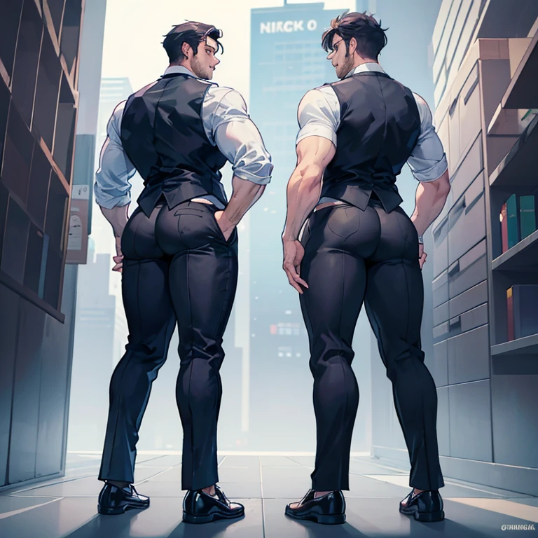One Man, muscular, jocks, athletic, ginger, wearing suit vest clothes, big butt, huge ass, comically massive ass, bubblebutt, thick, thicc, thick ass, thick legs, thick thighs, huge butt cheeks, ass huge, showing butt to camera, smiling, looking back at camera, big booty, man booty, men with huge butts, men in suit vest clothes, showing off ass, absolutely massive butt, enormous ass cheeks in suit vest pants, full ass, wide ass, round ass, tight suit vest pants, abnormally huge butt, unrealistically massive ass, Giant butt cheeks, giant butt, giant ass, dark dress pants, button down shirt, men, bodyguard, suit vest black, gay, black hair, fight some thiefs,suit vest black, night, man or boy, naked, alone, shift night, no girls