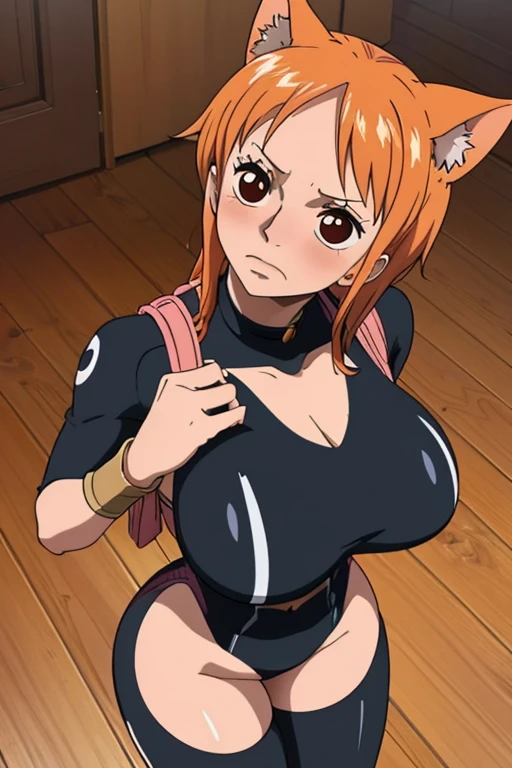 Big chest, chest, whole body,Thighs,Light blush, Bodysuits,Black,Cat ear,looking at the camera, making eye contact, Light blush, valley,Large Breasts, Looking up,licking,To lick and hold between the cleavage