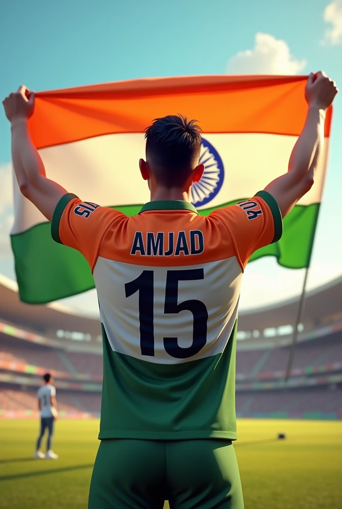 A 30 years old boy celebrating holding the national flag of Bharat in a cricket stadium and he is wearing a shirt print is like Bharat flag and " AMJAD " and 15 number and independence day in small written on it's back in big and bold fonts, 3d illustration.