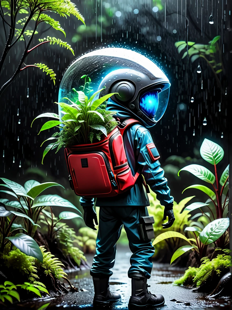 An alien carrying a backpack(Glass sealed backpack:1.3),Simple look,Wearing a smart helmet,Be inspired(Bioluminescent Red Fiberglass Tree:1.6)filled with living plants,High contrast,Dark background,Wet and rainy,epic,Moody,