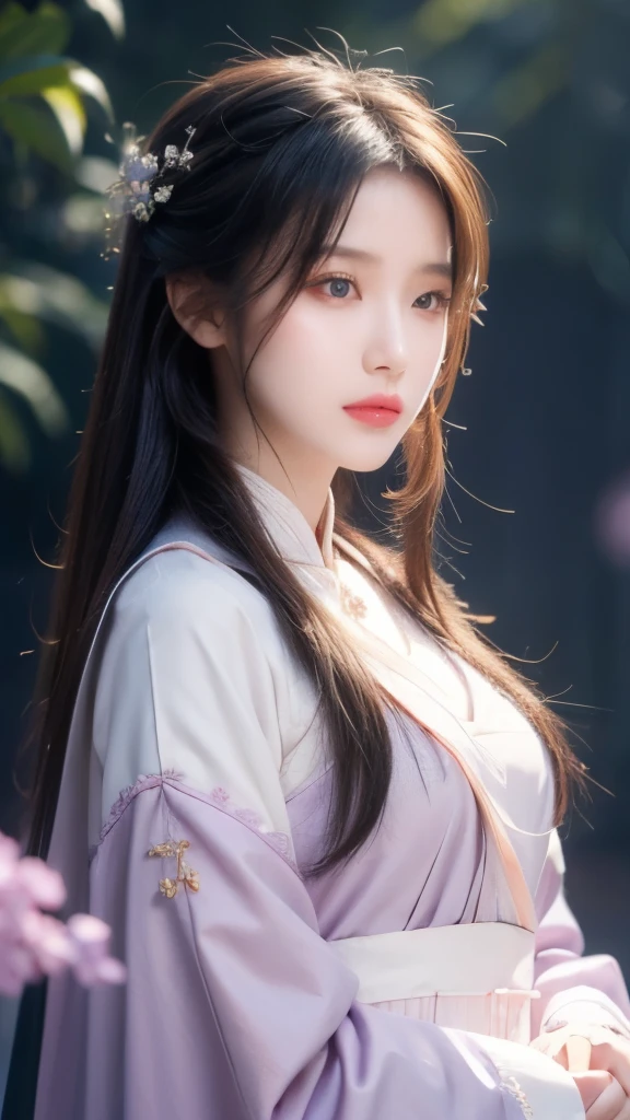 best quality, masterpiece, high resolution, wuxia1girl,blush,(Charming smile:0.8),Star-shaped pupil,china hanfu,Hair accessories,necklace, Jewelry,Pretty Face,more than_Body, Tyndall effect,lifelike, Dark Studio, Edge lighting, Two-color light,(High Detail Skin:1.2), 8K Ultra HD, SLR camera, Soft Light, high quality, Volumetric Lighting, frank, photo, high resolution, 4K, 8K, Bokeh,Surrounded by blooming purple flowers,Purple clothes