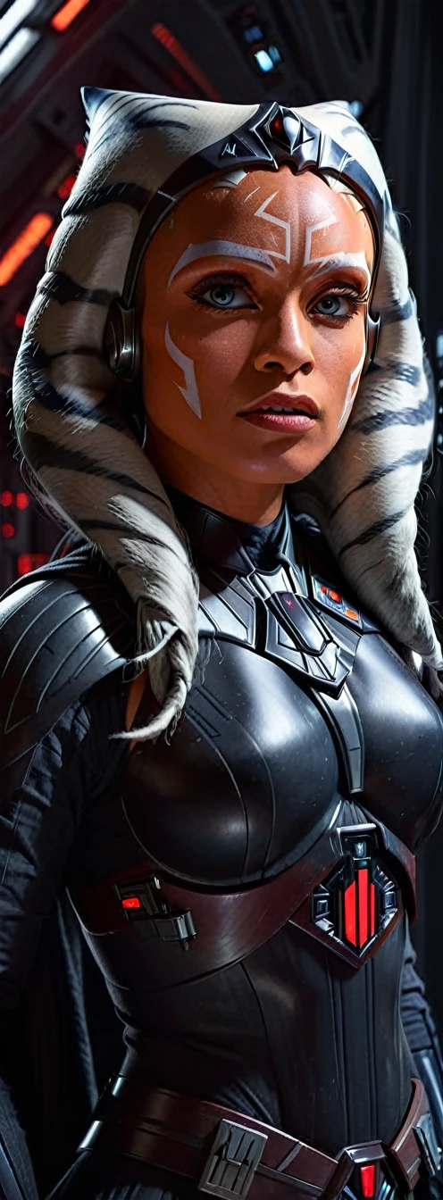 full body a cinematic star wars scene (( darth vader )) but as ahsoka tano charakter natural breasts, , intricate detailed face, beautiful detailed eyes, beautiful detailed lips, extremely detailed face and eyes, long eyelashes, red glowing light sabber, detailed portrait, photorealistic, inside a space vessel , full body , dramatic lighting, intricate armor and details, dynamic attack fithing pose, full body , cinematic composition, hyper-realistic, moody color palette, dramatic lighting and shadows, intricate details, masterpiece