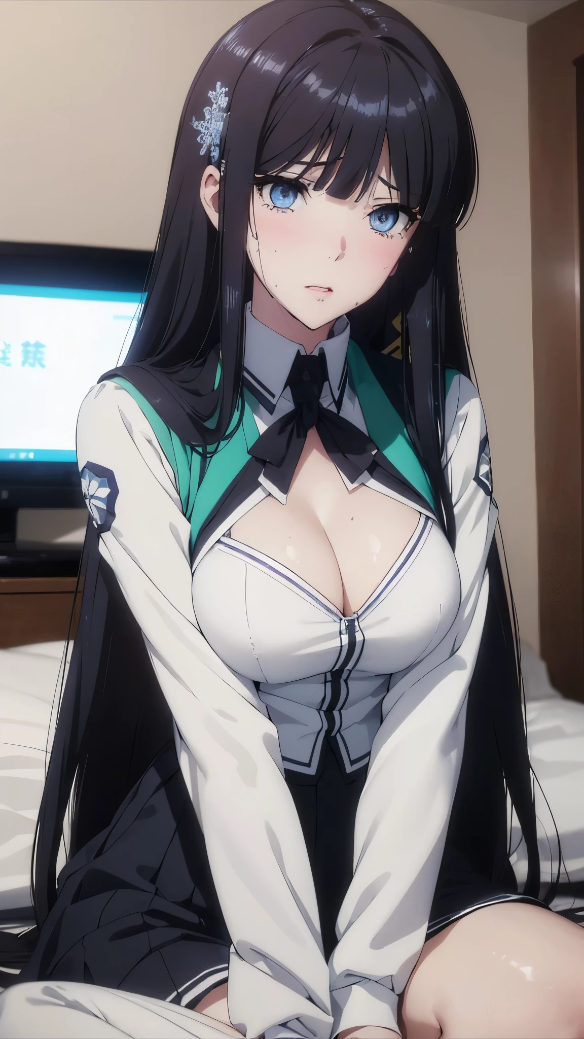 1 personの, alone, masterpiece, Highest quality, The Irregular at Magic High School, Miyuki Shiba, Shiba Miyuki, Iris, blue eyes, tsurime, eyelash, Black Hair, Long Hair, Hime cut, Straight hair, Blunt bangs, blunt end, Side Lock, hair ornaments, snowflake hair ornaments,High School Uniform, dress, white dress, collared dress, Jacket, green Jacket, cropped Jacket, open Jacket, Long sleeve, Large Breasts, (masterpiece: 1.3), (Maximum resolution: 1.2), (Ultra High Definition TV: 1.2), Cinematic Light, 8k resolution, Detailed facial features , (Sharp focus: 1.2), (Focus on the face:1.2),Perfect Style, Beautiful Face, Acura, Anatomically correct, Highly detailed face and skin texture, Beautiful Eyes,Beautiful Eyes, Thin eyebrows, Natural Cheeks, Glowing Skin, Fair skin: 1.2, (Glossy Lips: 1.4),、 (Embarrassed look: 1.2),Highly detailed face and skin texture, Natural Cheeks, , Glossy Lips: 1.4,Perfect Style、Cleavage、Soft Breasts、(Semen on chest:1.6)(Cum on thighs 1.5)、 Sperm on tongue、Drenched in sweat、Wet clothes、blush、A humiliating look、Anxious expression、Frightened expression、Embarrassed look、Glare、anger、sorrow、tears、Open your knees、Spread your legs、 White underwear、Disheveled clothes、sweating、Thin underwear、18-year-old、 clear, A clean-cut woman,1 person、 Upward-facing chest, Black Hair、blue eyes、Beautiful Eyes、Torn clothing、masturbation behavior、At the bed、(On my back、At the bedLying down、Lying down、White sheets:1.7)、avert your eyes、Straight Long Hair