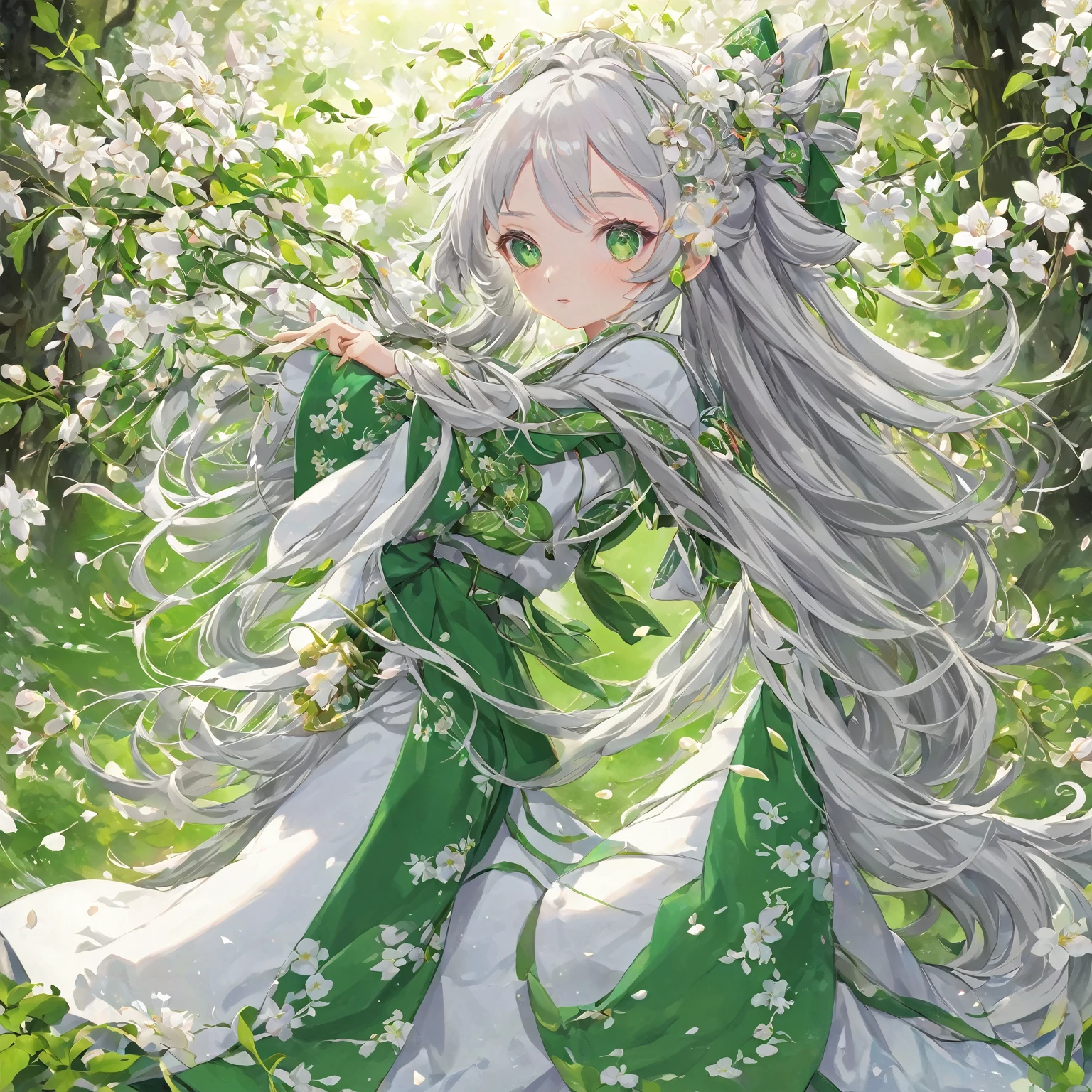 High definition、A pure and beautiful young girl in a shrine maiden's outfit、15age~18age、Long silver hair, half green、Full body portrait、Long-hemmed outfit、Large opal eyes、Powerful eyes、Flowers sprout from beneath your feet