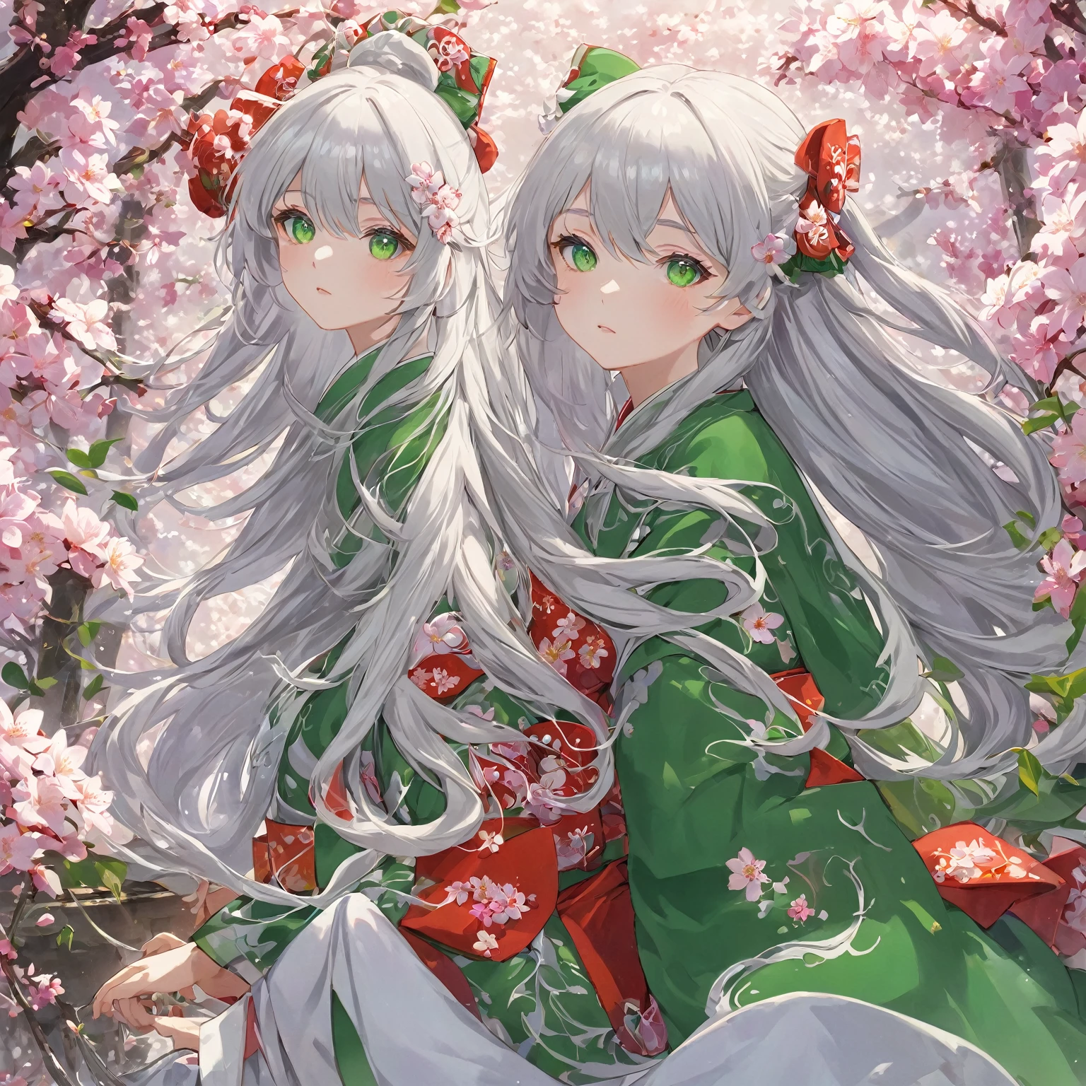 High definition、A pure and beautiful young girl in a shrine maiden's outfit、１５age～１８age、Long silver hair, half green、Full body portrait、Long-hemmed outfit、Large opal eyes、Powerful eyes、Flowers sprout from beneath your feet