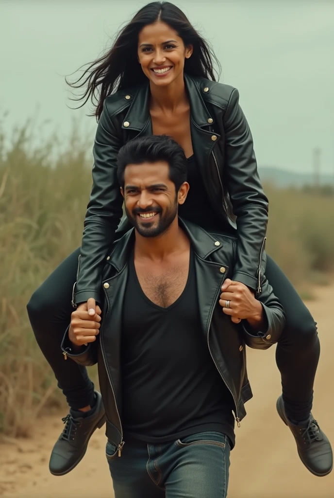 a tall and beautiful Indian actress in black leather jacket lifting and carrying a large man over on shoulders, man is sitting on her shoulders , natural smile